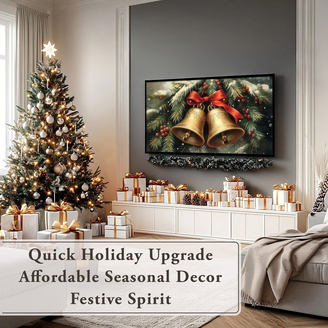Golden Jingle Bells Tied With A Red Ribbon On Snowy Pine Boughs Print - Image 5