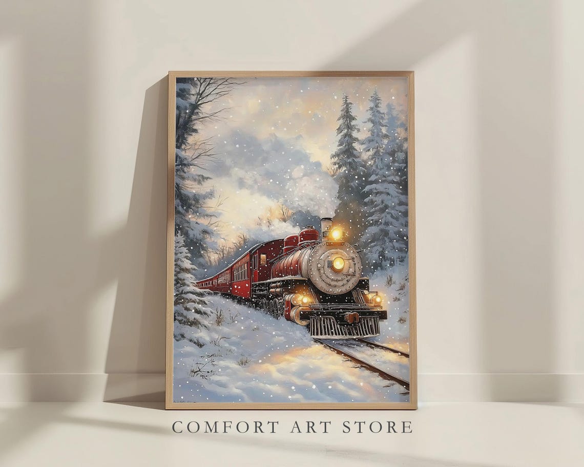 Red Locomotive with Glowing Headlamp in Snowy Pines Wall Art - Image 7