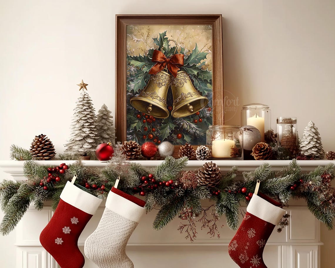Ornate Brass Christmas Bells with Holly and Red Bow Wall Art - Image 3