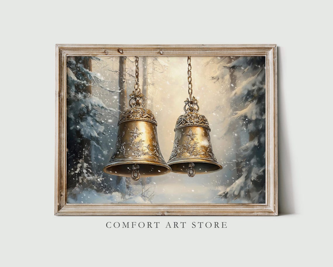 Ornate Brass Jingle Bells Hanging in a Snowy Winter Forest Poster