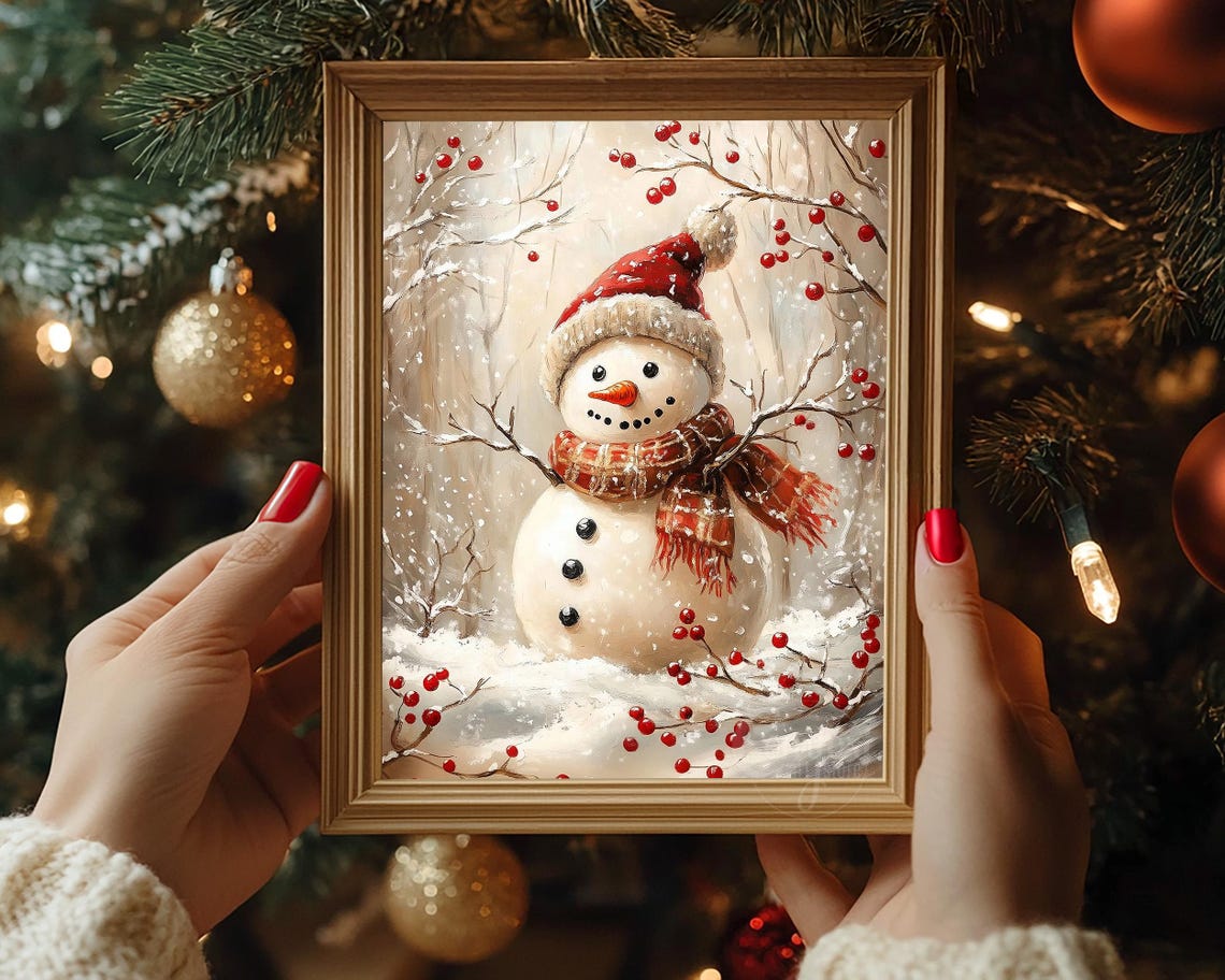 Snowman in Red Knit Hat with Plaid Scarf Winter Watercolor Wall Art - Image 6