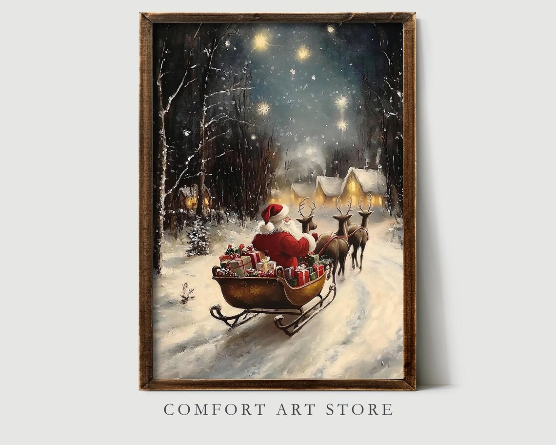 Santa Claus Sleigh Reindeer Snowy Village Starry Night Classic Poster - Image 8