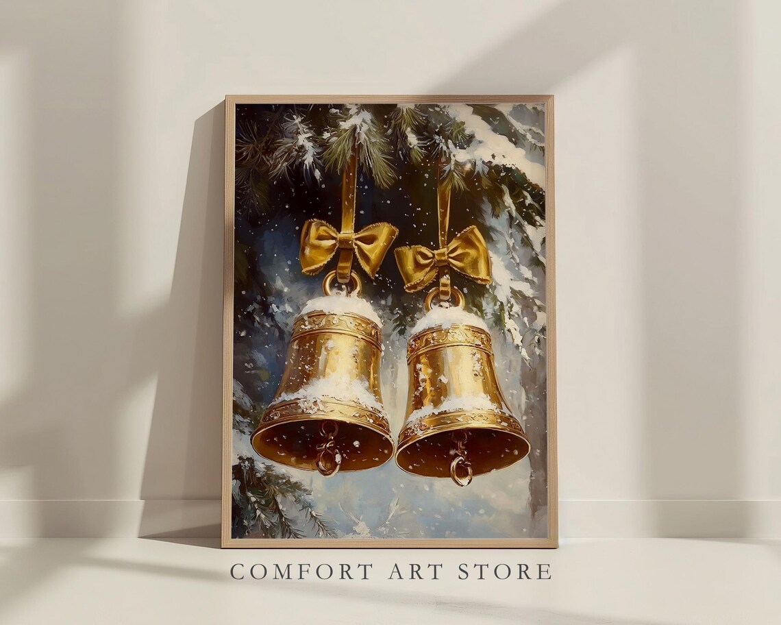 Golden Christmas Bells With Bows Hanging in the Snow Vintage Poster - Image 7
