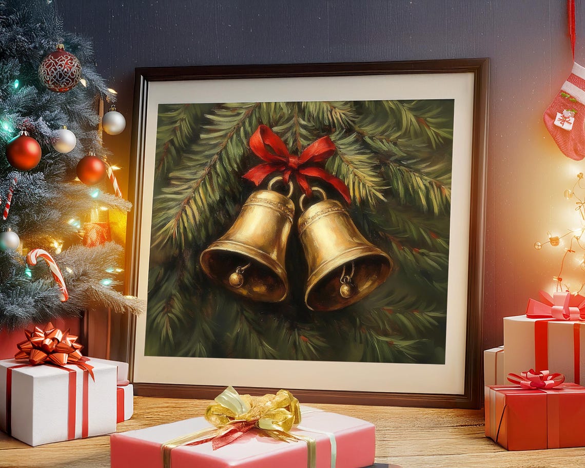 Vintage Christmas Wall Art Christmas Jingle Bells Print Winter Holiday Decor Antique Christmas Golden Bells Neutral Oil Painting Winter Pine - Image 6