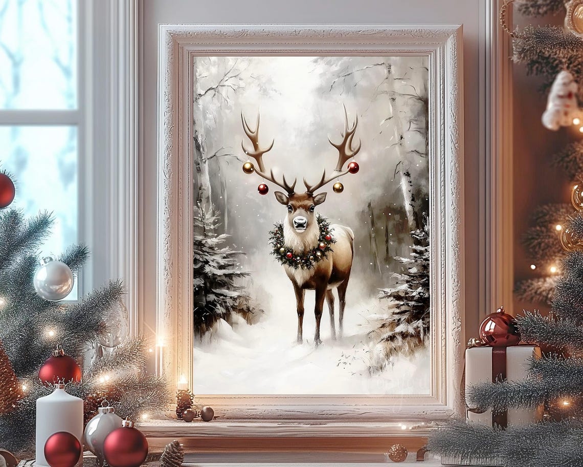 Majestic Deer with Christmas Ornaments on Antlers Snow Poster - Image 8