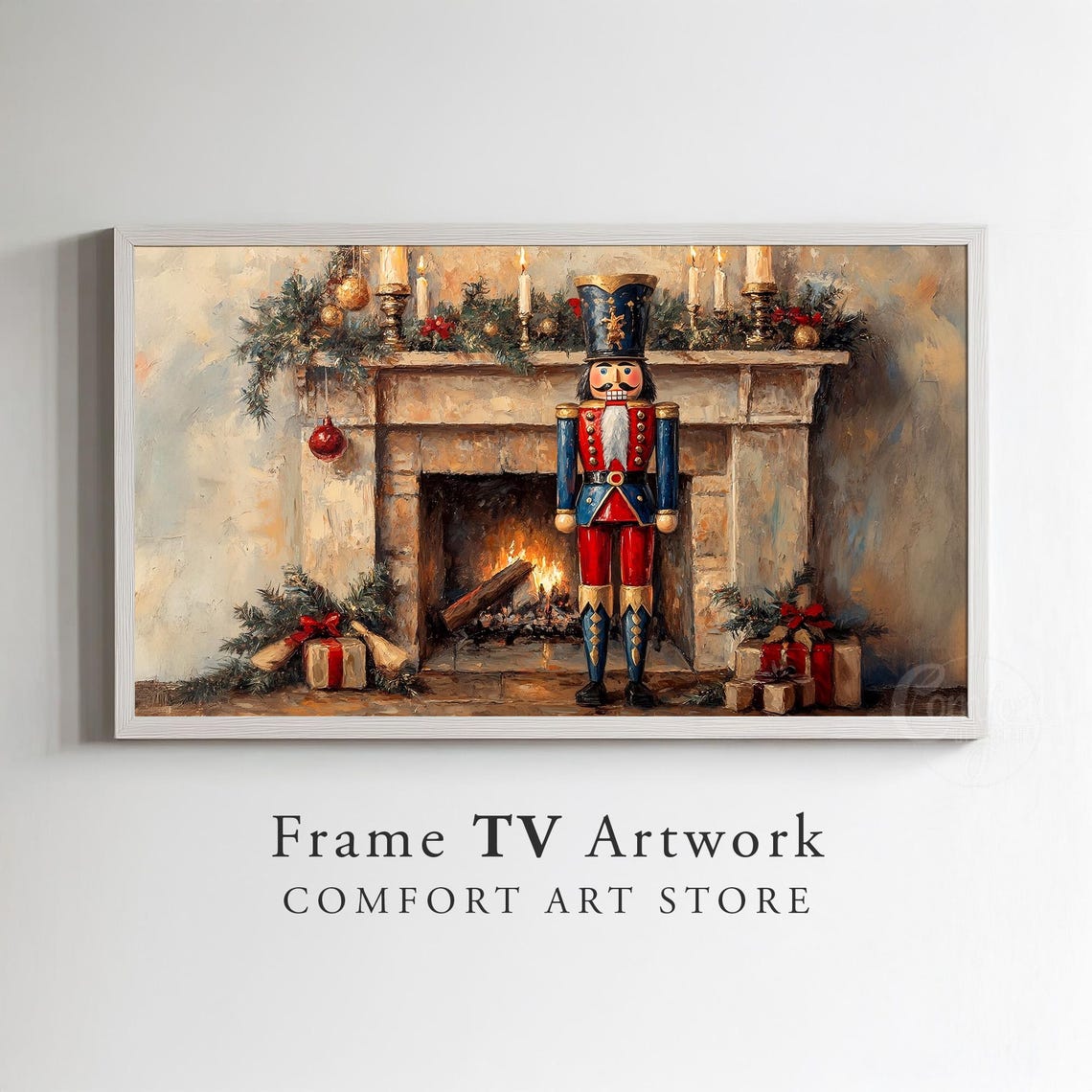 Nutcracker Soldier By A Candlelit Christmas Fireplace Mantel Poster - Image 2