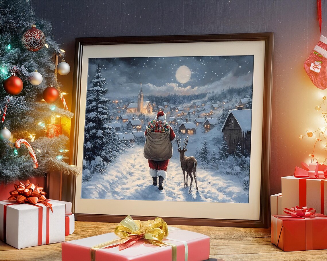 Christmas Wall Art Santa Claus Reindeer Print Dark Academia Winter Village Scene Snowy Holiday Decor Vintage Christmas Painting - Image 4