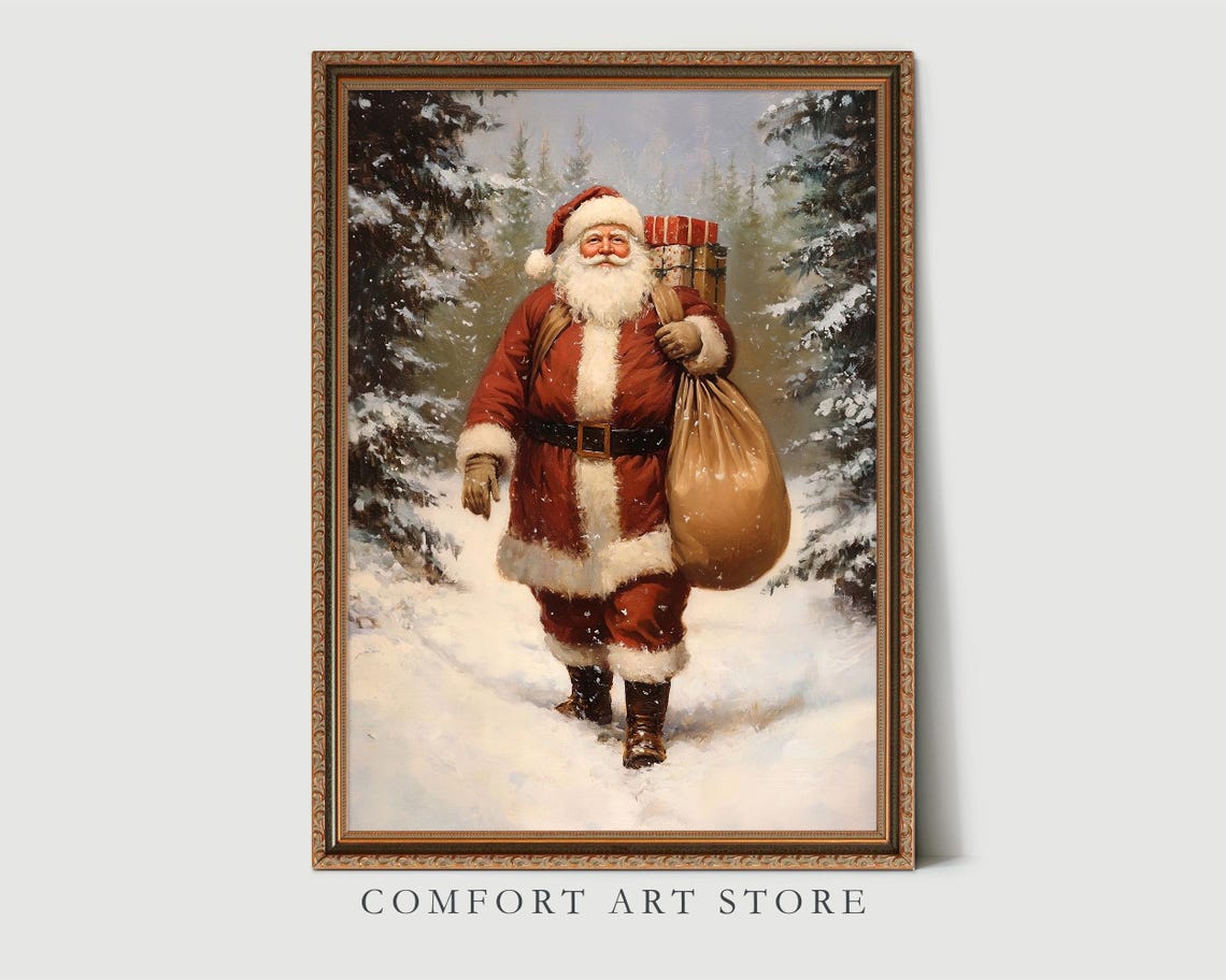 Vintage Santa Claus Walking Through a Snowy Forest with Gifts Poster - Image 8
