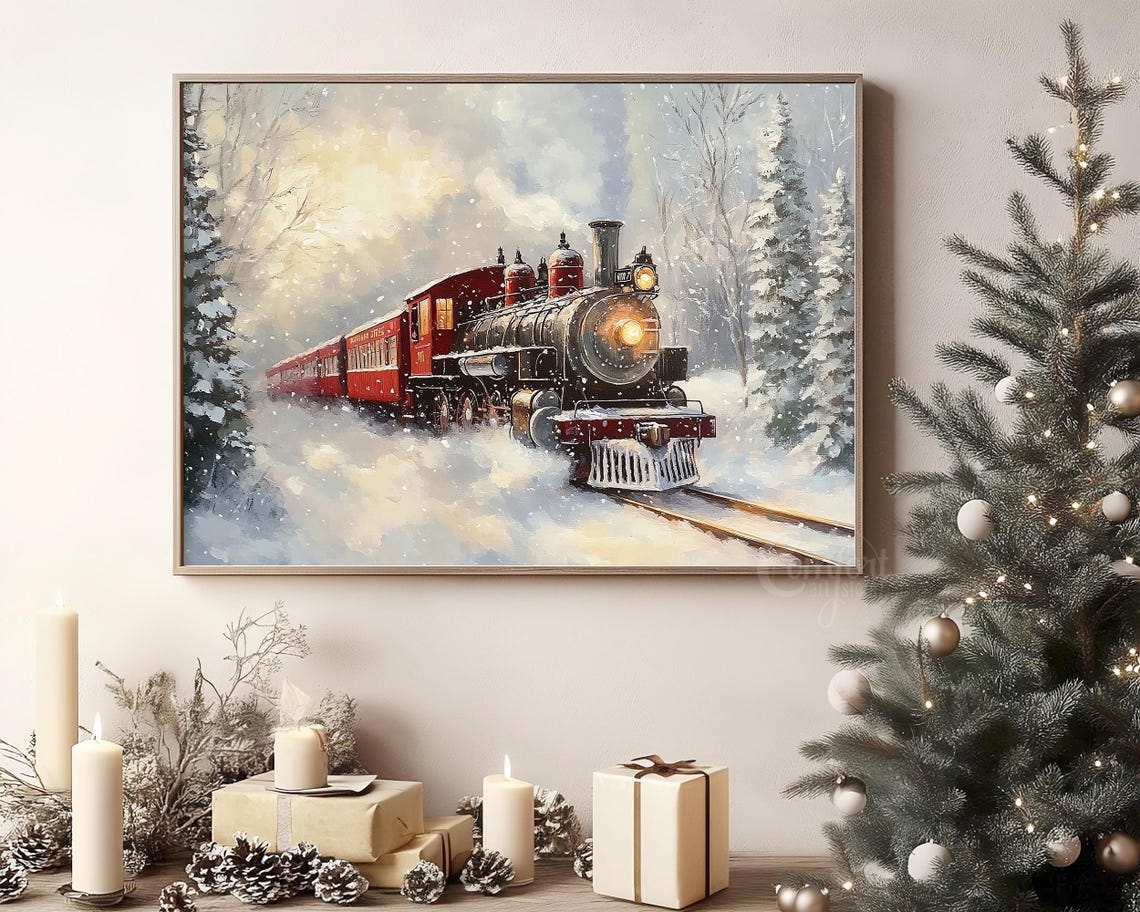 Vintage Red Steam Train Crossing Snow Covered Woods Wall Art - Image 8
