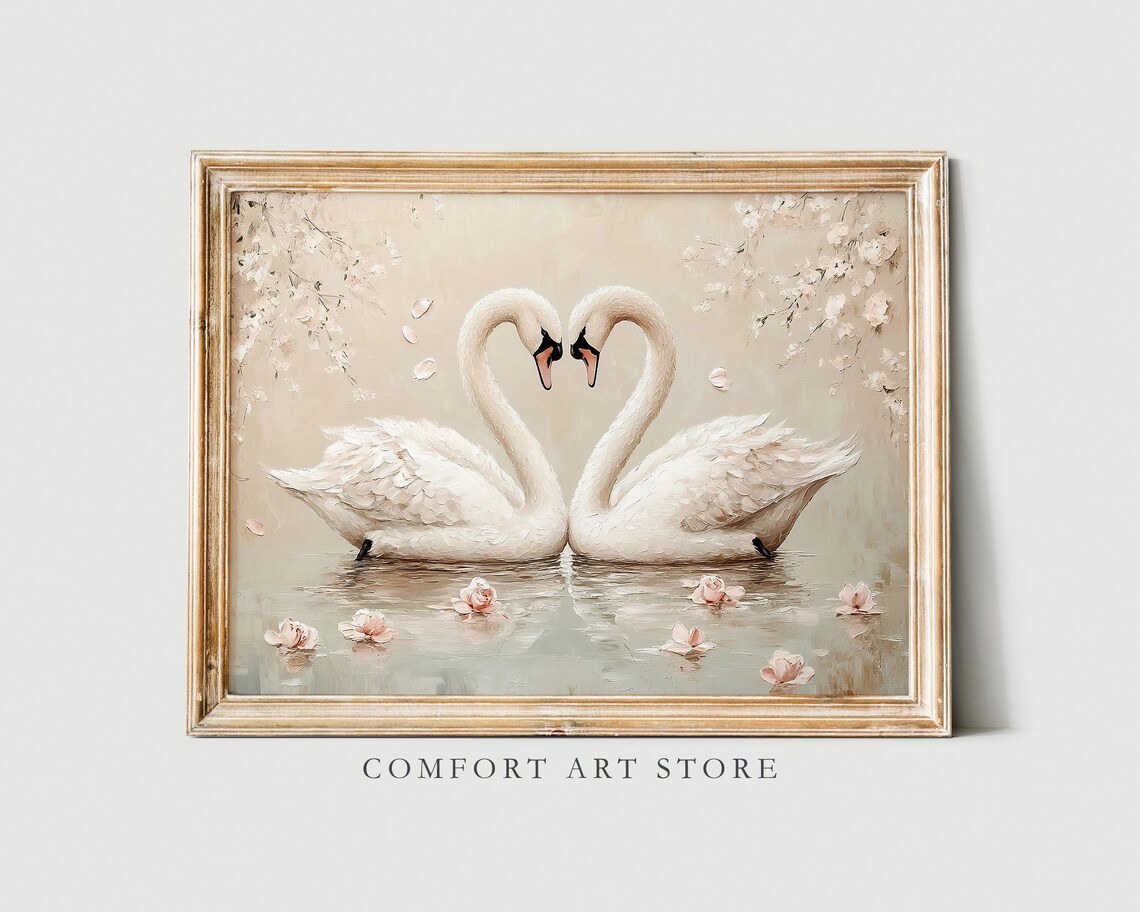 Swans Forming Heart Shape Love Valentine Oil Painting Poster - Image 6