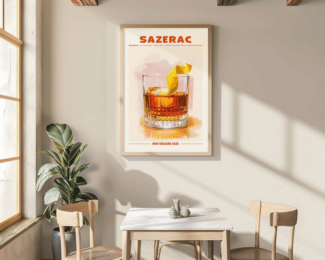 Sazerac Cocktail Recipe Retro Poster New Orleans Bar Cart Wall Art - Image 3