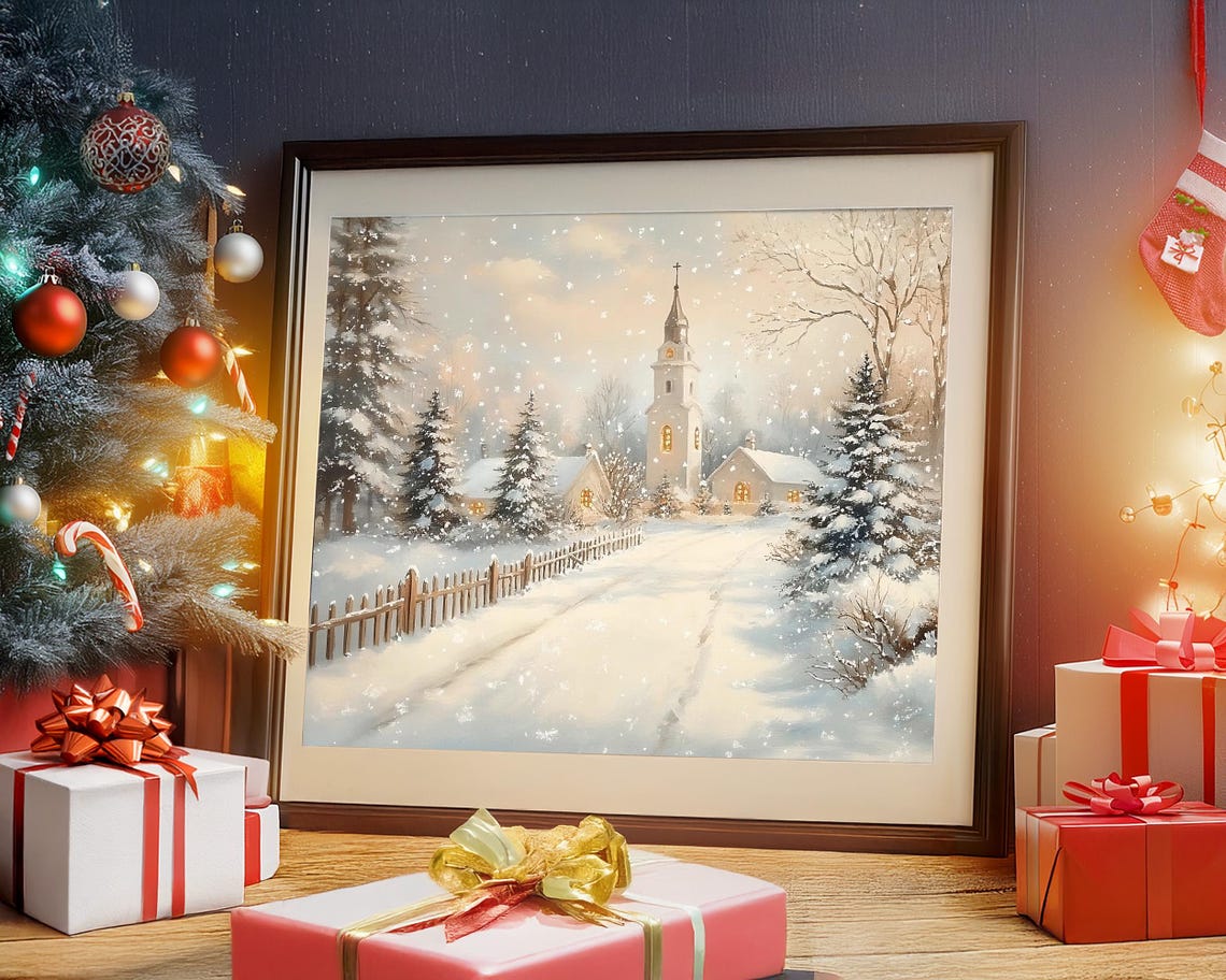 Antique Vintage Winter Print Snowy Village Wall Art Winter Scene Holiday Cottagecore Neutral Art Winter Landscape Church Painting - Image 2