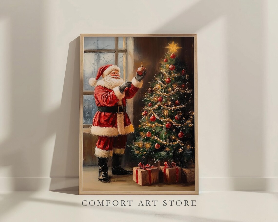 Santa Claus Decorating Christmas Tree by Snowy Window Scene Poster - Image 5