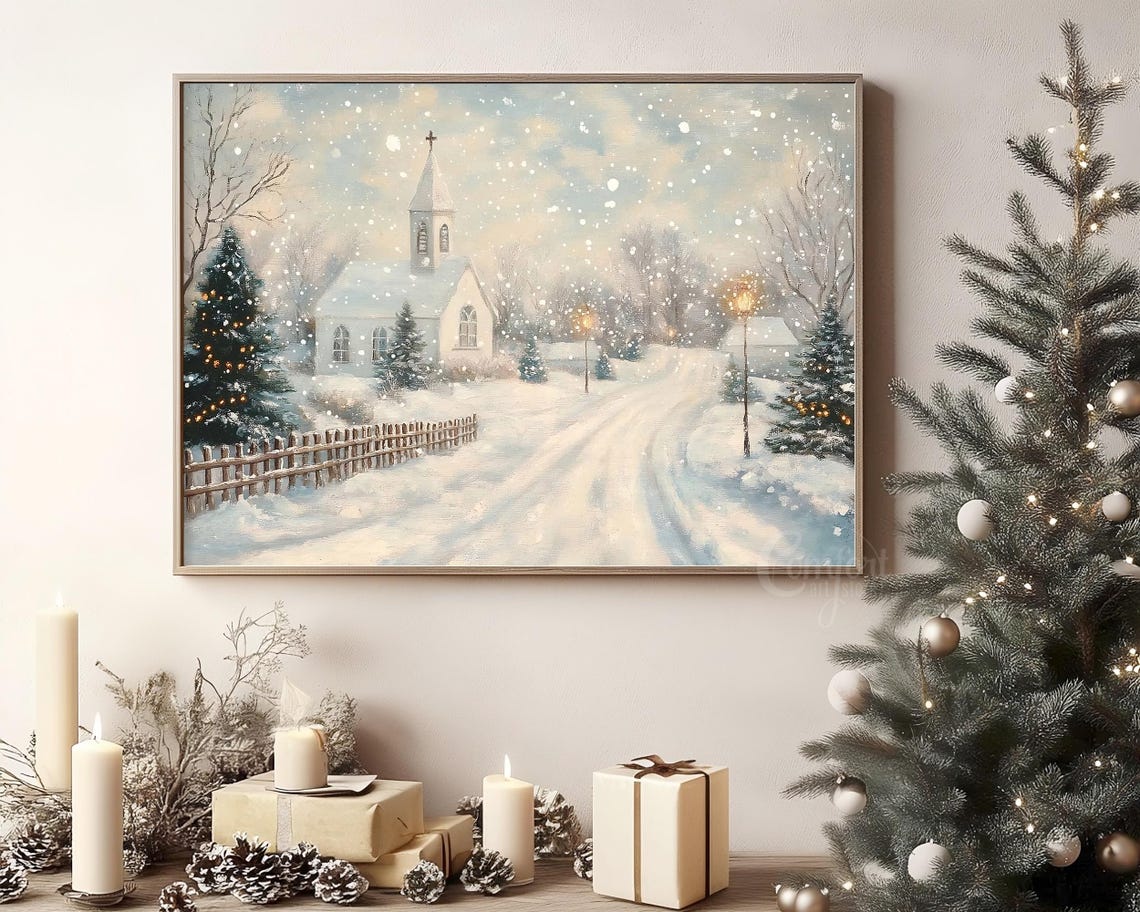 Snow Covered Country Church on Winter Lane Falling Snow Art Poster - Image 3