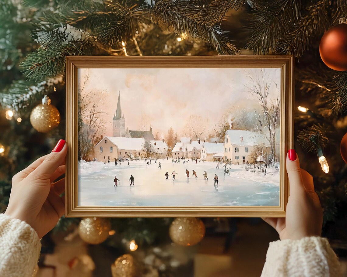 Winter Skaters on Frozen Lake by Village Church Steeple Wall Art - Image 5