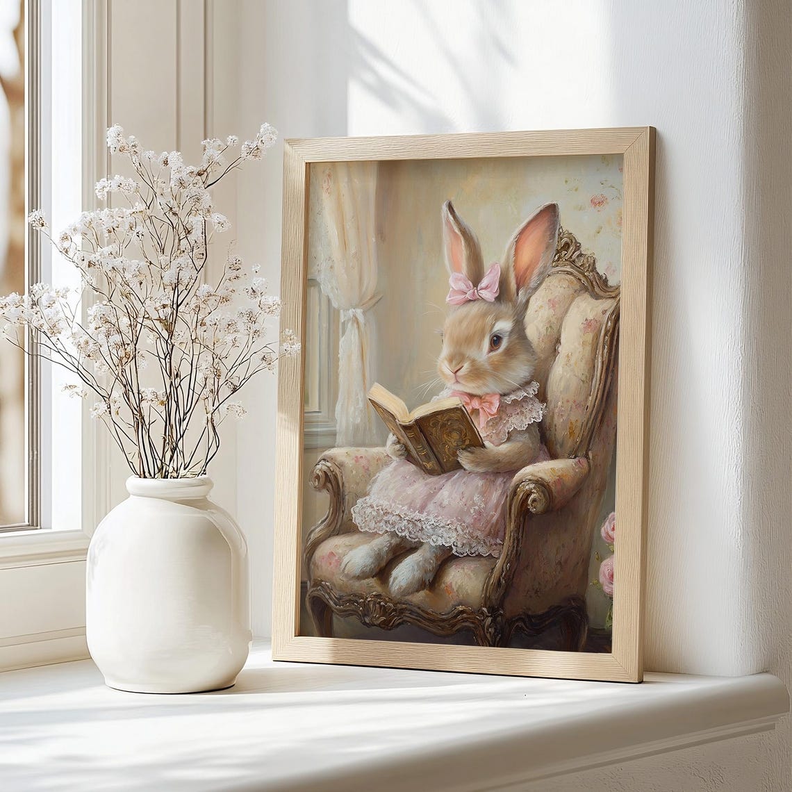 Easter Bunny Print Cute Easter Bunny Reading Book Easter Rabbit Easter Vintage Spring Cottagecore Easter Decor Farmhouse Wall Art - Image 2