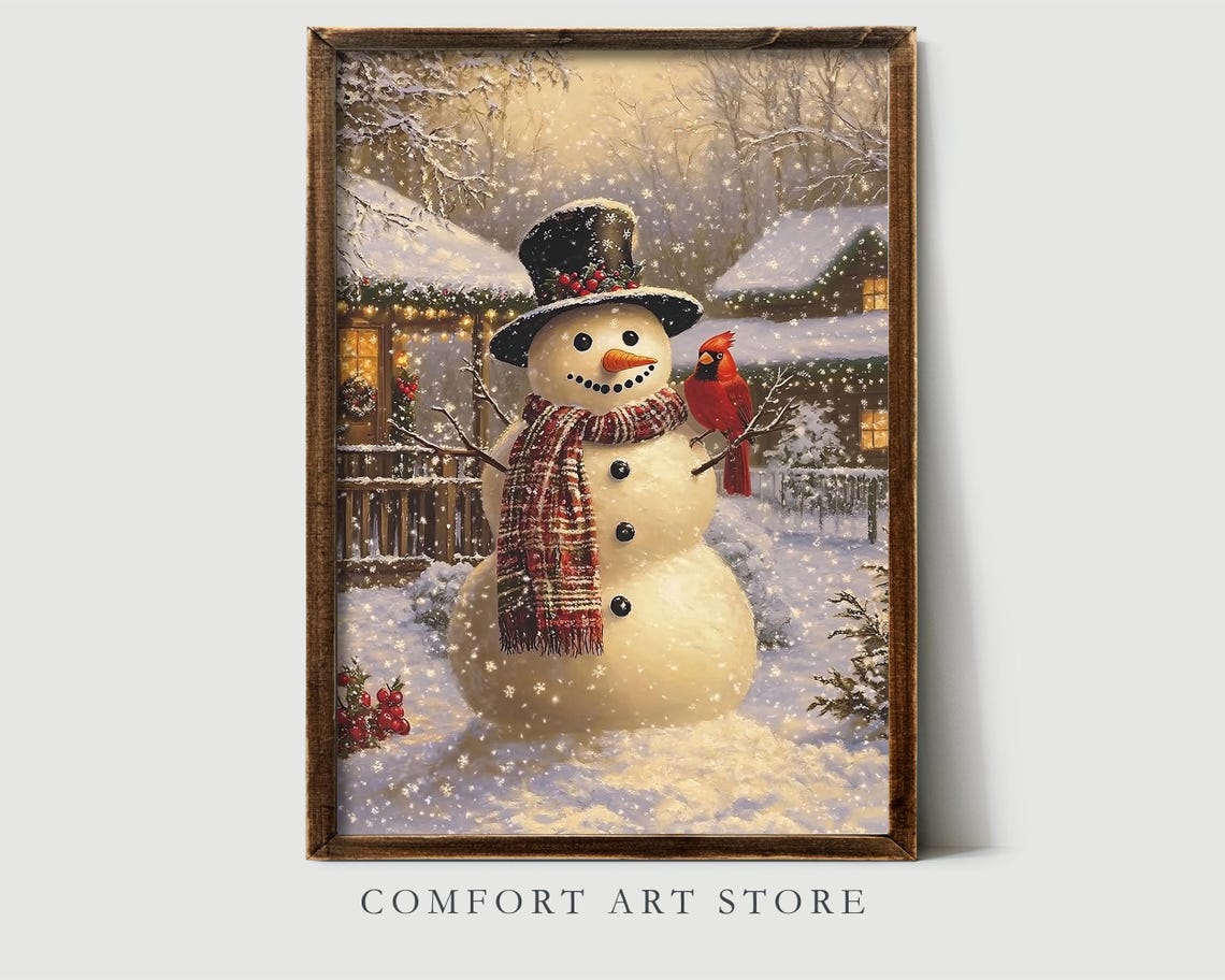 Vintage Christmas Wall Art Snowman Print Winter Cottage Red Cardinal Holiday Winter Decor Neutral Christmas Oil Painting Antique Snowman Art - Image 7