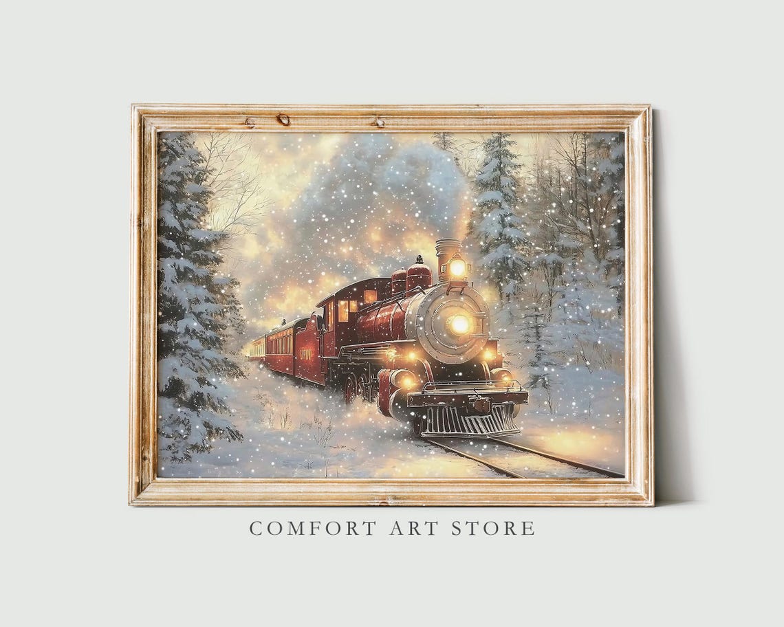 Red Steam Locomotive in Snowy Winter Forest at Dusk Wall Art