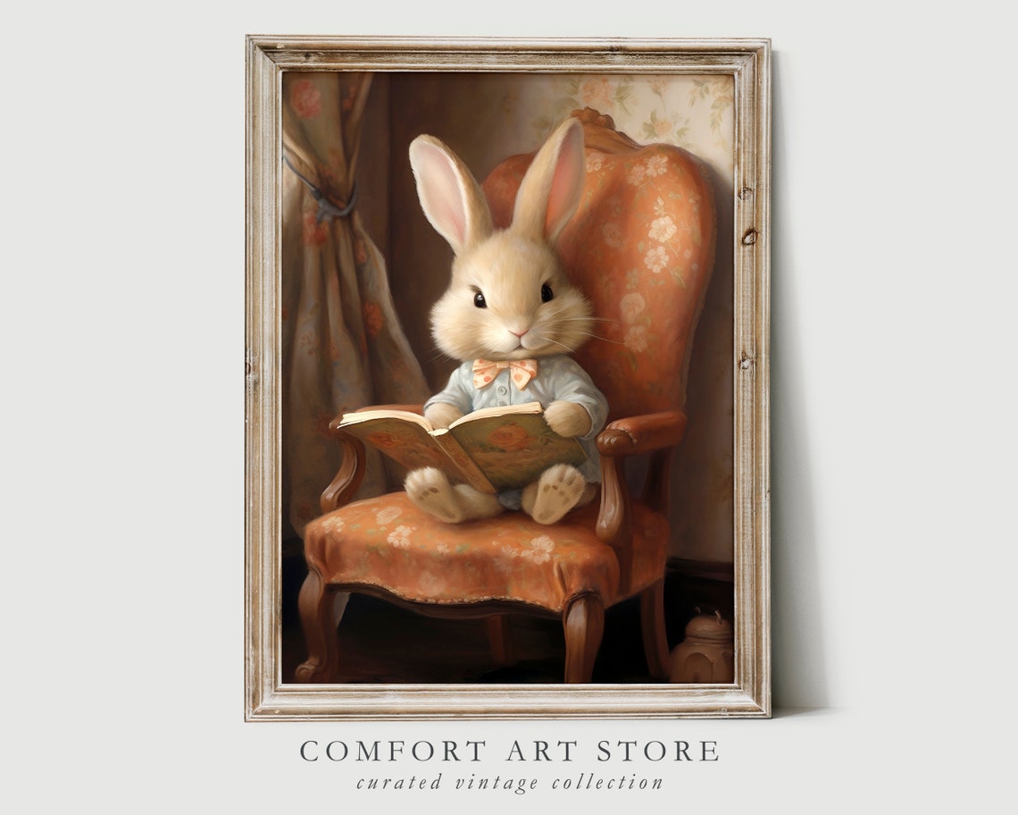 Cute Easter Bunny Spring Print Easter Bunny Reading Book Easter Rabbit Easter Vintage Decor Cottagecore Easter Farmhouse Wall Art - Image 5