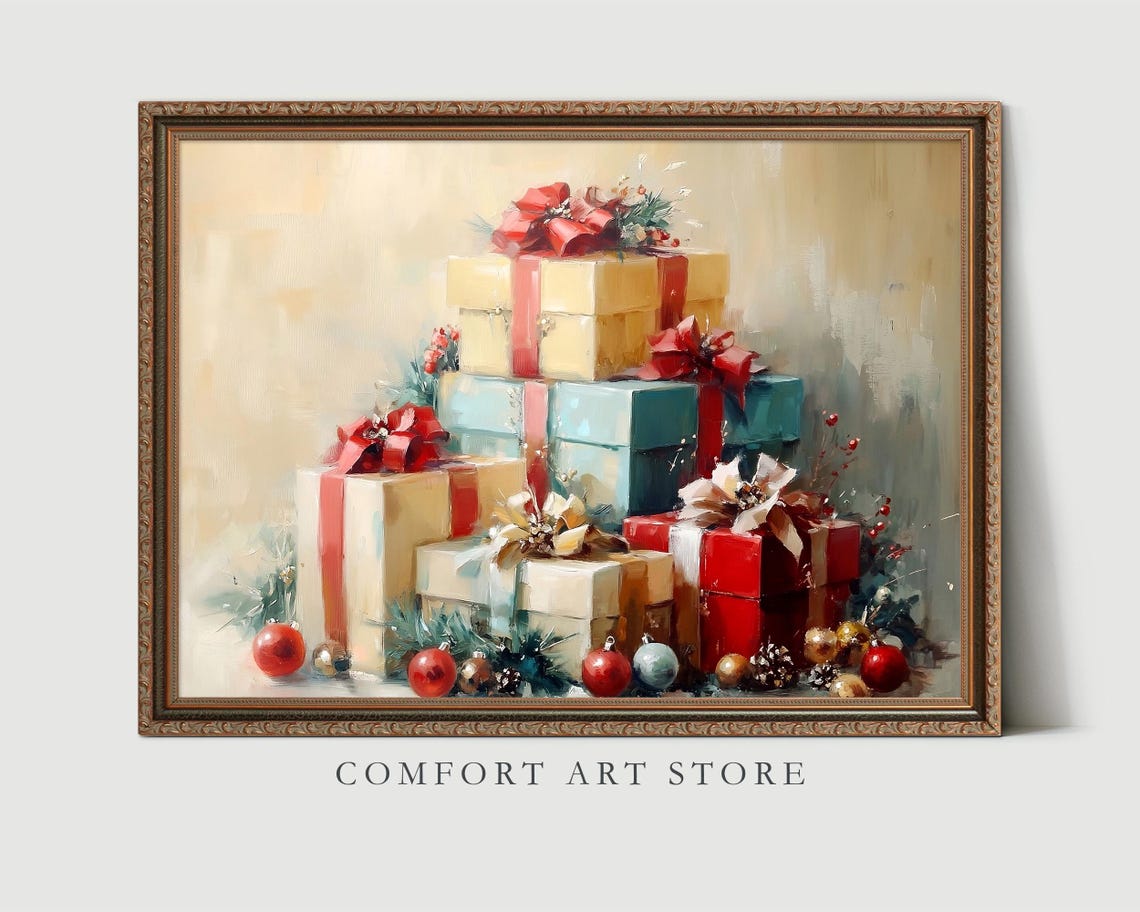Stack of Christmas Gifts with Ribbons Vintage Holiday Poster - Image 3