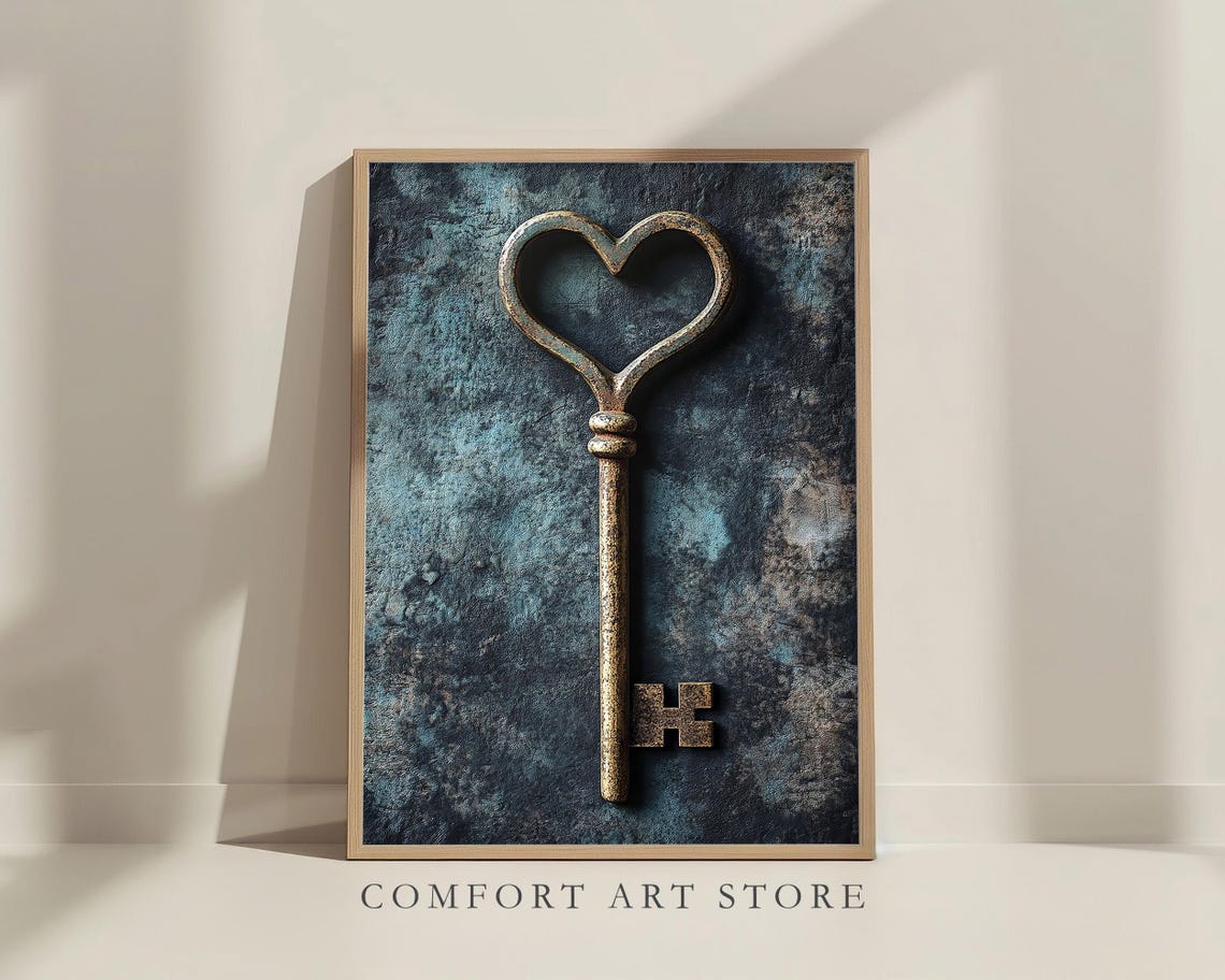 Brass Heart Key Skeleton Key Moody Dark Teal Romance Wall Art