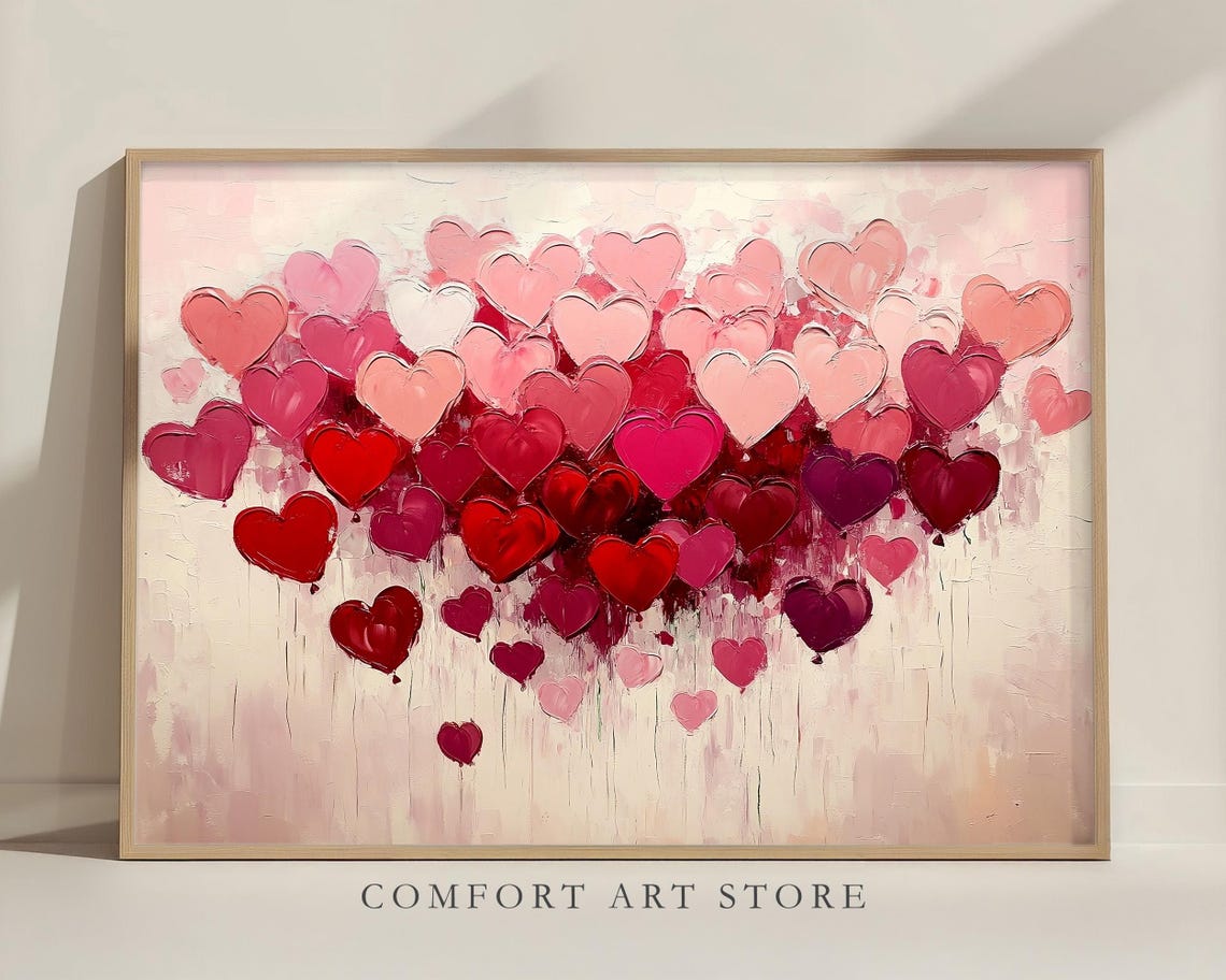 Red Pink Impasto Hearts Cluster Painting Valentines Decor Poster - Image 3