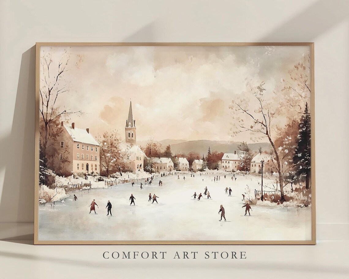 Vintage Ice Skating Winter Village Frozen Lake Christmas Scene Poster - Image 3