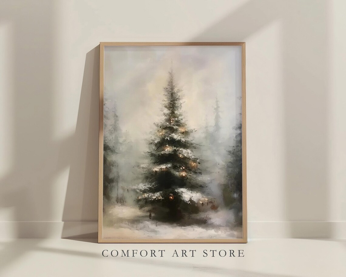 Misty Evergreen Tree Warm Lights Dreamy Snowy Forest Painting Poster - Image 4