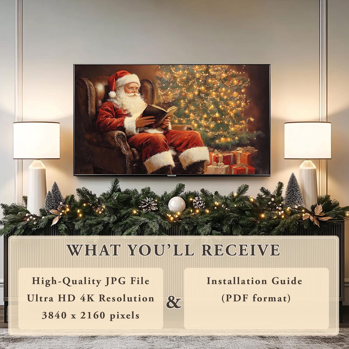 Christmas Santa Claus Frame Tv Art Vintage Christmas Antique Winter Scene Santa Reading Book Painting Holiday Christmas Frame Tv Art - Image 5