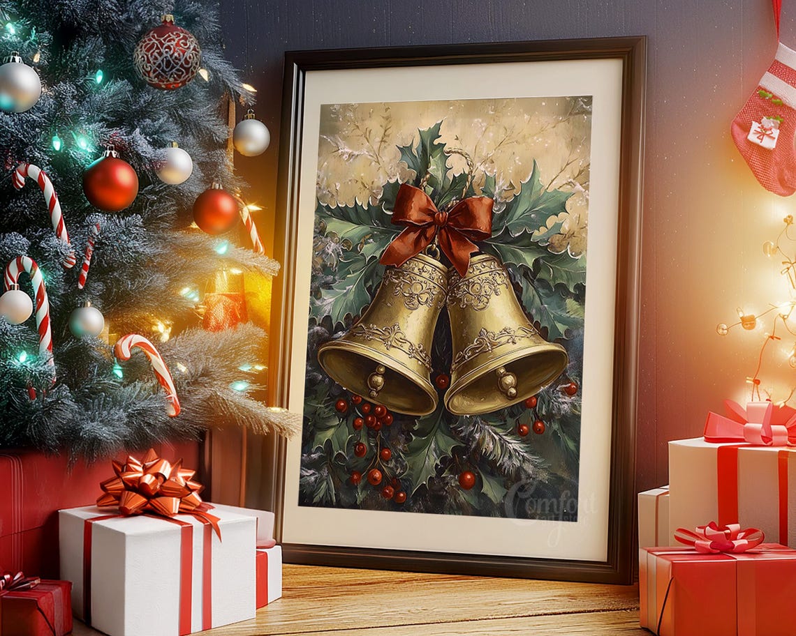 Ornate Brass Christmas Bells with Holly and Red Bow Wall Art - Image 4