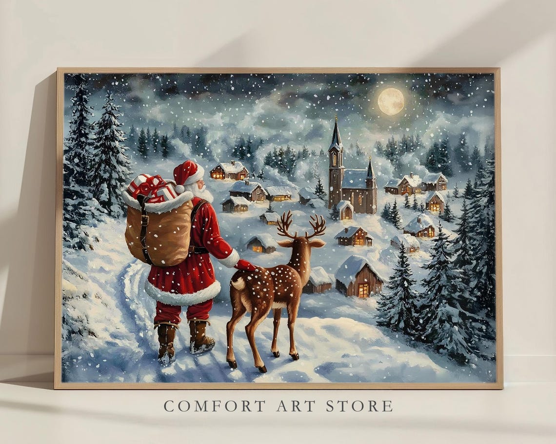 Santa Claus With Reindeer Over A Snowy Village Under Moonlight Print - Image 3