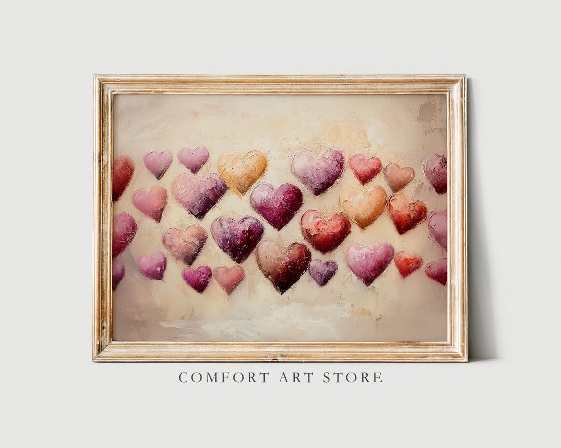 Ombre Plum Pink Hearts Rows Oil Painting Valentines Decor Poster