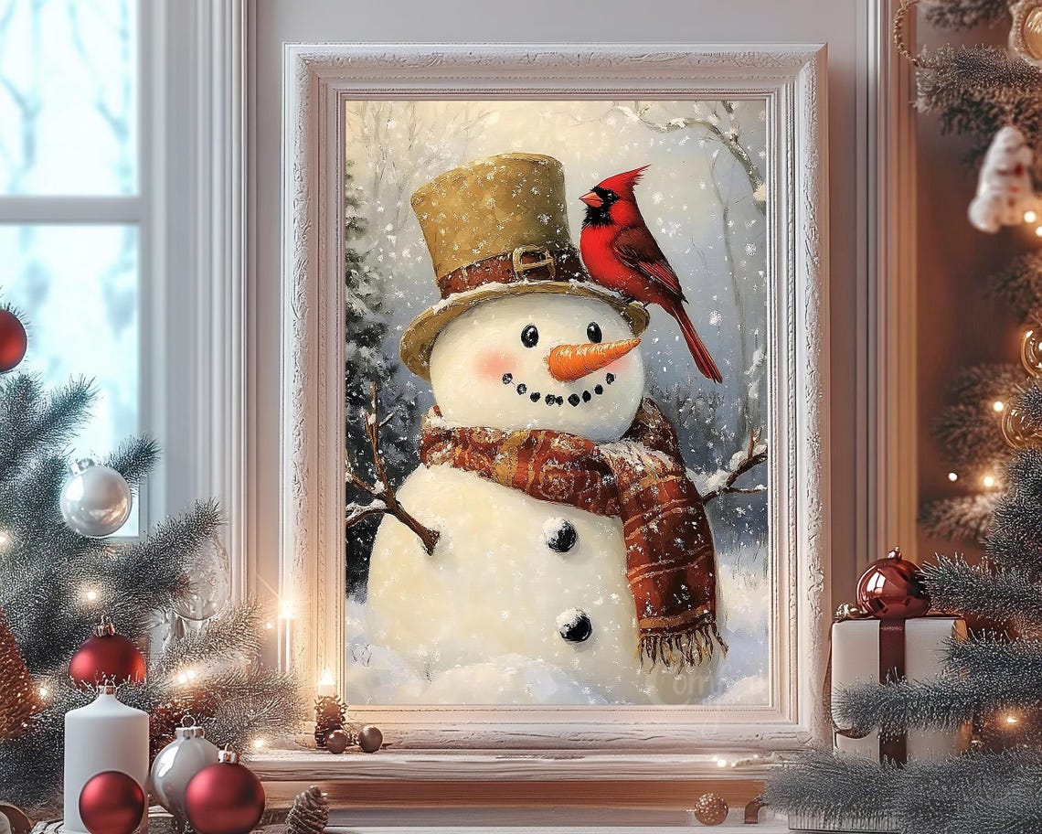 Vintage Christmas Wall Art Snowman Print Carrot Nose Red Cardinal Holiday Winter Decor Neutral Christmas Oil Painting Antique Snowman Print - Image 4