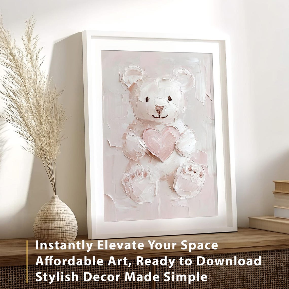 Valentines White Teddy Bear Holding Pink Heart Cozy Nursery Wall Art - Image 2
