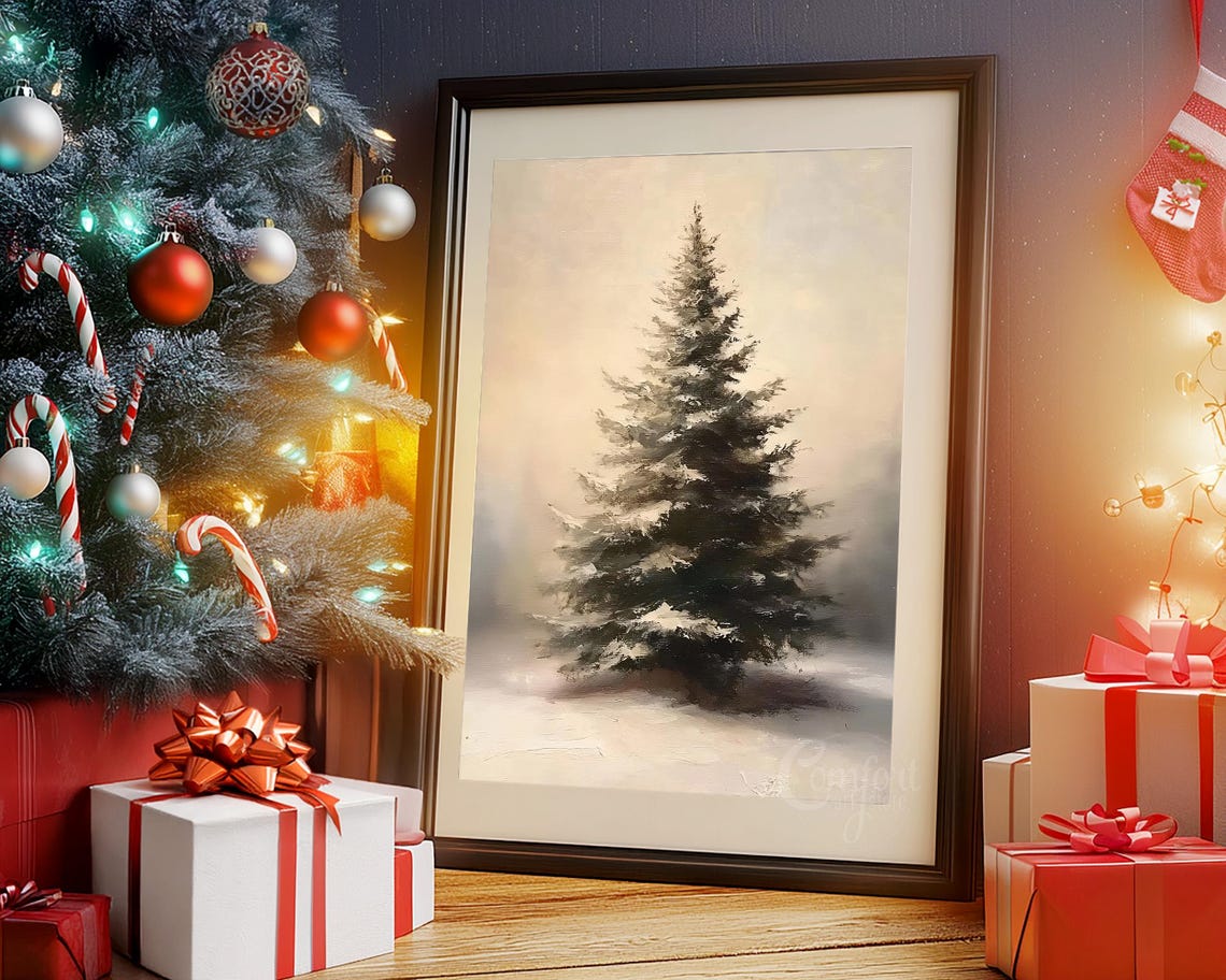 Single Snowy Pine Tree Muted Watercolor Serene Winter Landscape Poster - Image 2