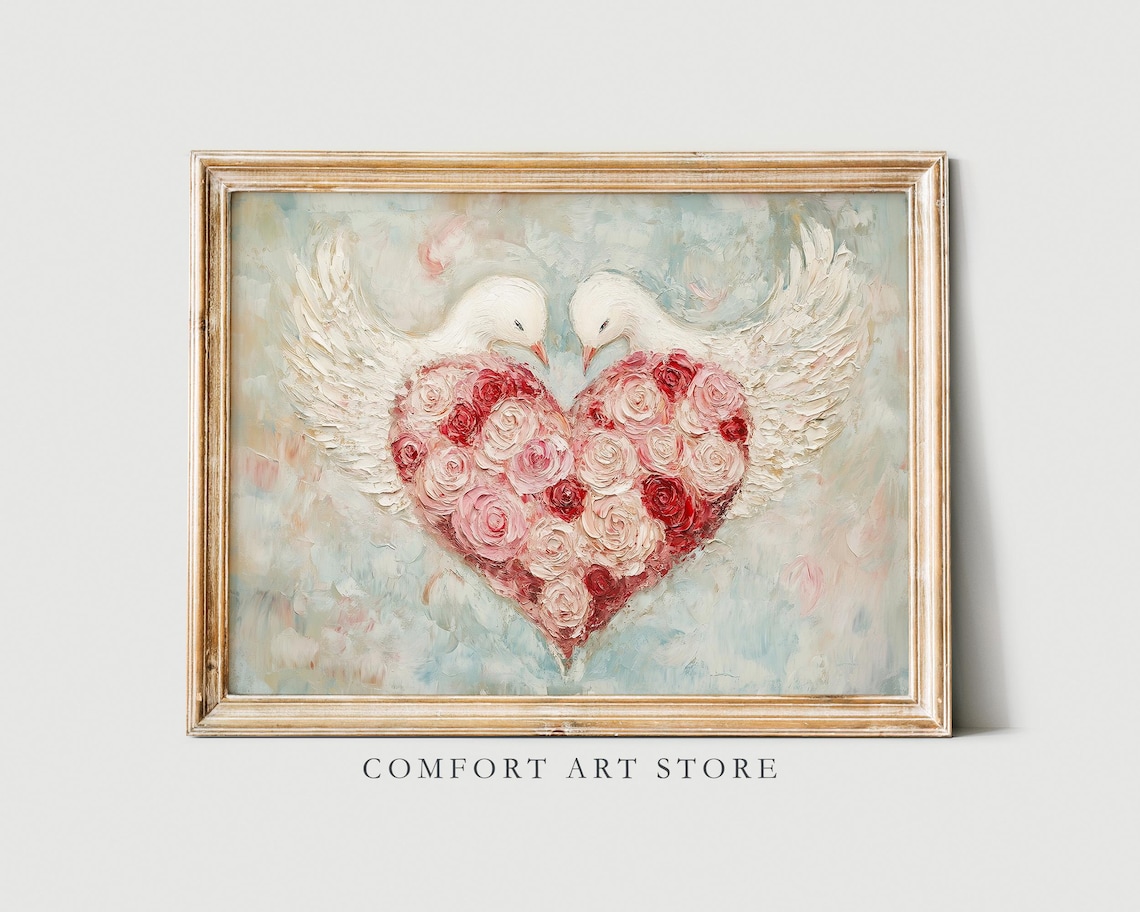 White Doves Rose Heart Impasto Painting Romantic Valentine Wall Poster