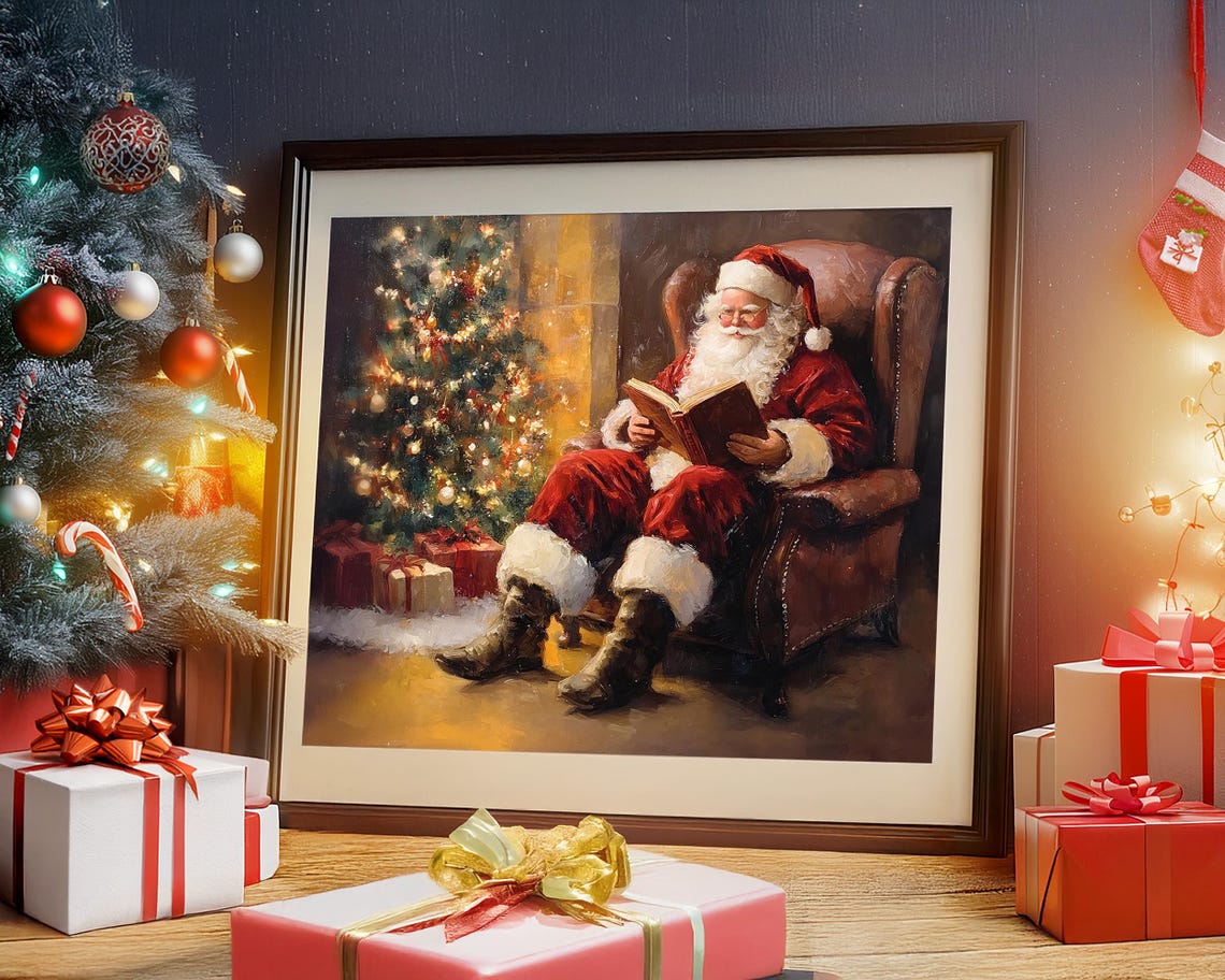 Vintage Santa Claus Reading in Armchair by Christmas Tree Poster - Image 4