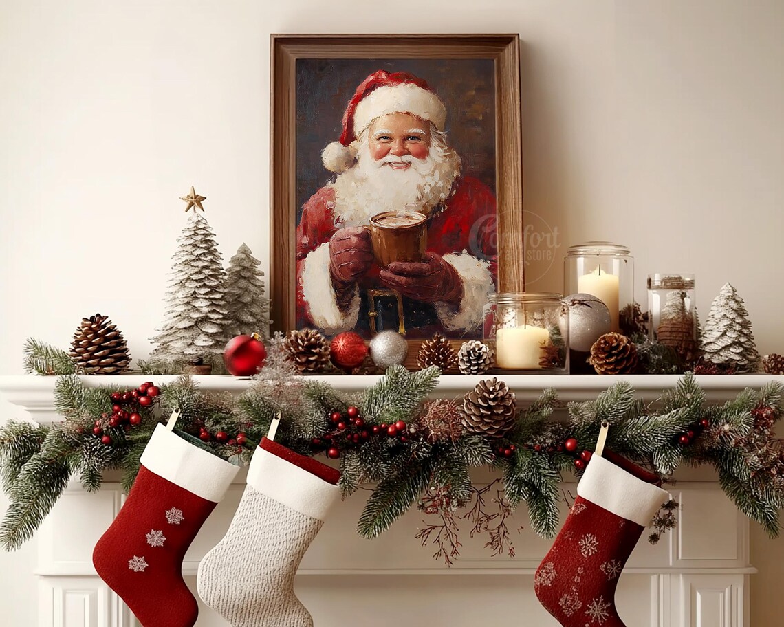 Santa Claus Holding Hot Cocoa Vintage Oil Painting Cozy Holiday Poster - Image 2