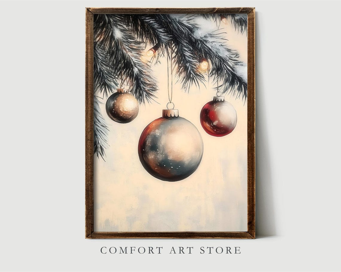 Elegant Vintage Christmas Ornaments on Snowy Pine Branch Poster - Image 2