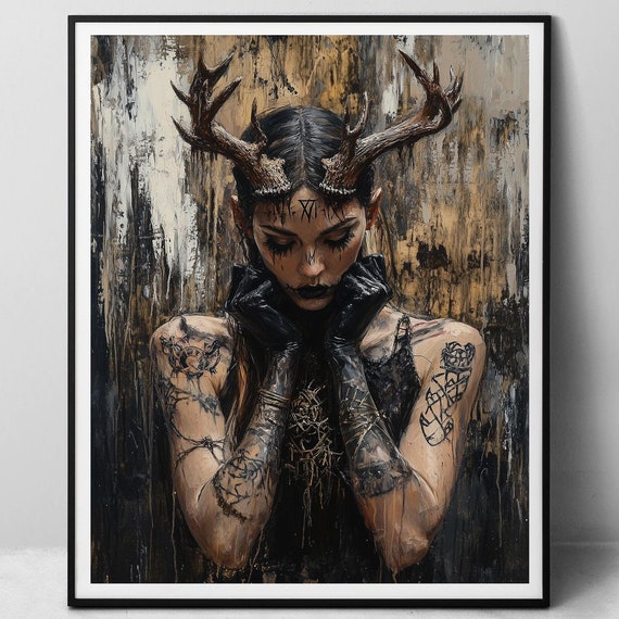 Horned Witch Gothic Tattooed Girl Art Print