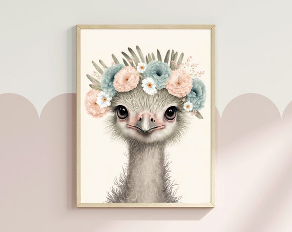 Ostrich Art Print Animal With Flower Crown Nursery Decor Cute Baby Bird Wall Art Gift For New Mom Bird Nursery Print
