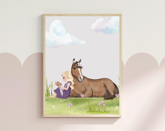 Blonde Girl Reading To Brown Horse Watercolor Fairytale Nursery Poster
