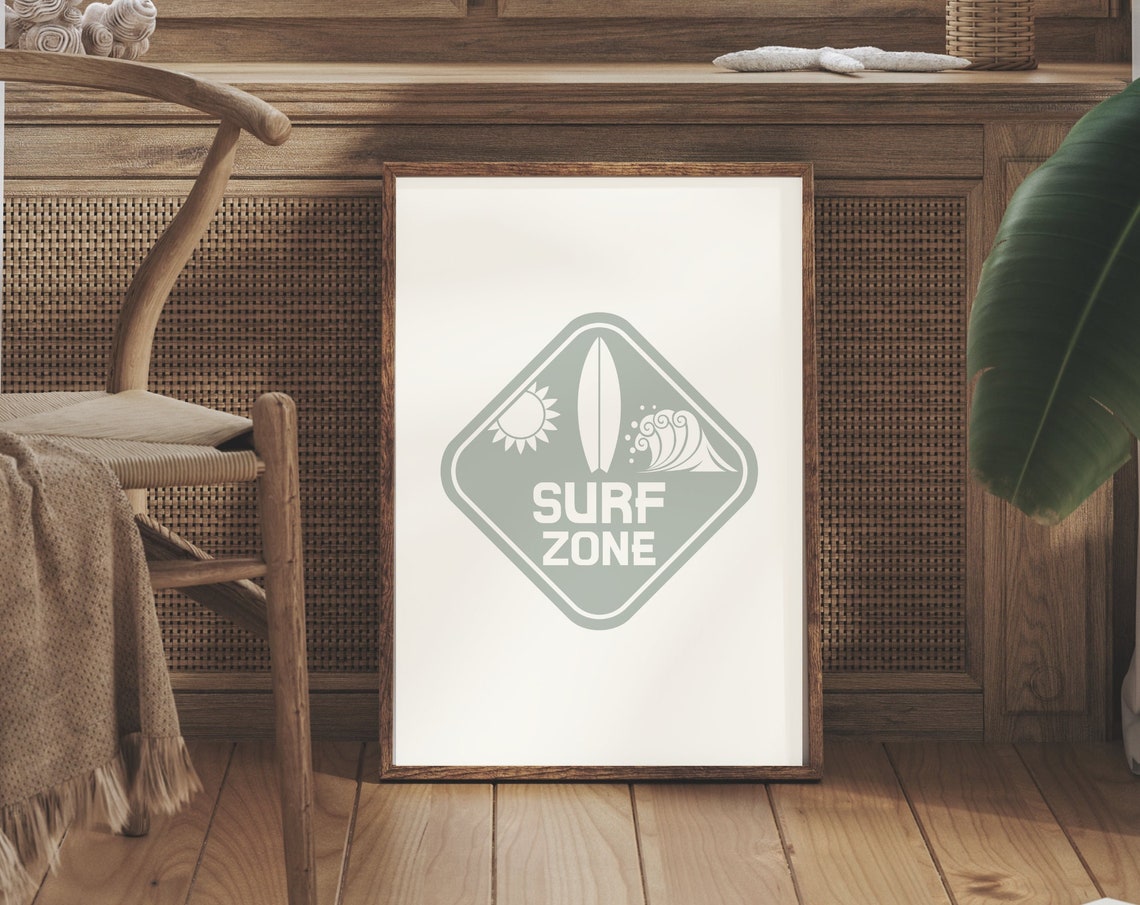 Sage Green Surf Zone Badge With Surfboard And Wave Coastal Poster