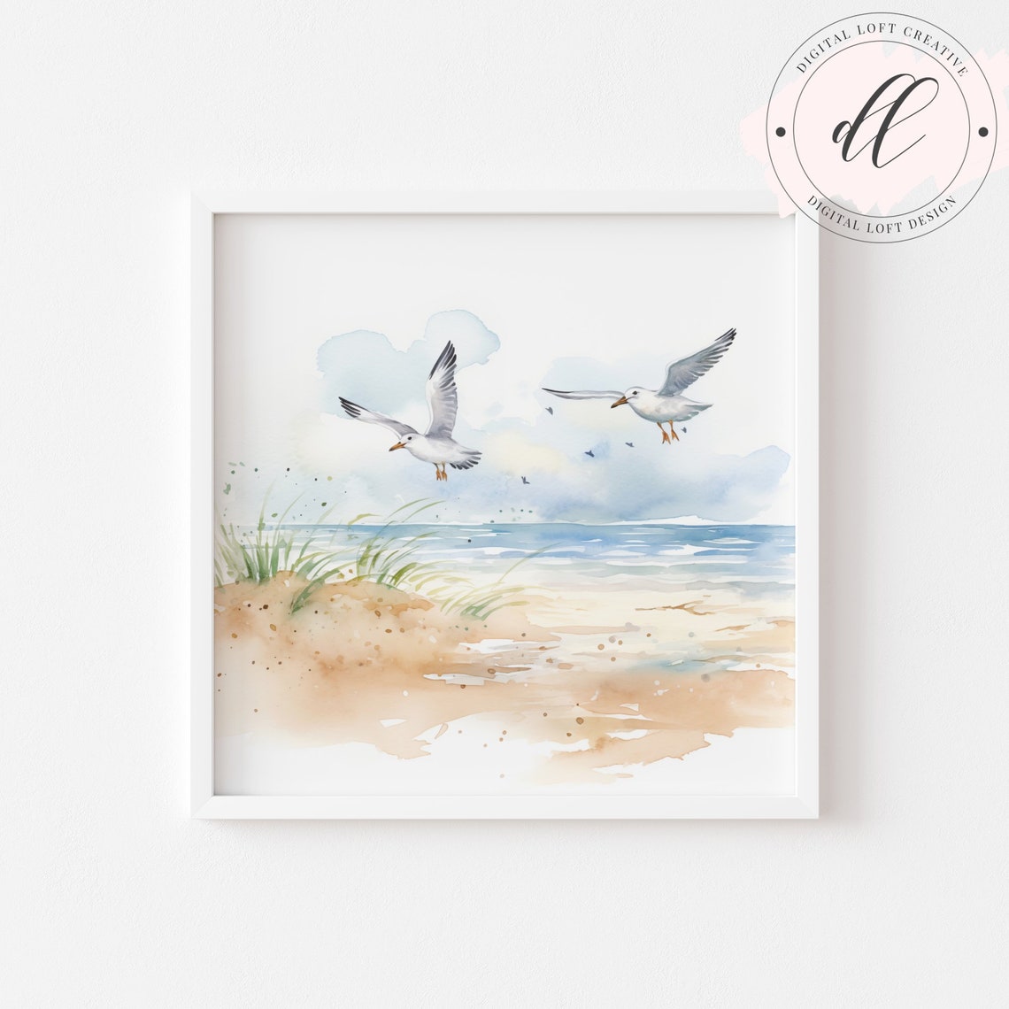 Two Flying Seagulls Over Ocean Beach Watercolor Coastal Poster - Image 2