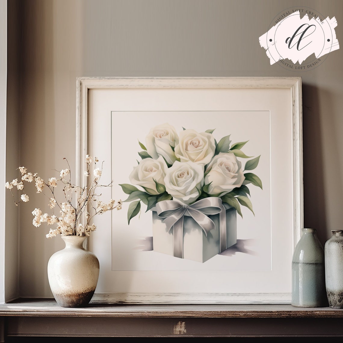 White Roses Gift Box Watercolor Elegant Floral Bouquet Wall Art
