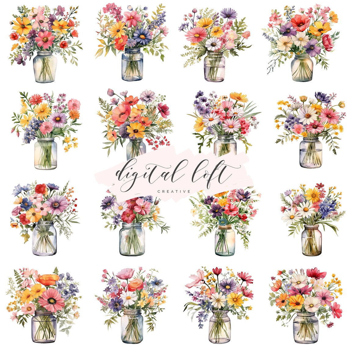Watercolor Wildflower Bouquets in Glass Mason Jars Poster Art
