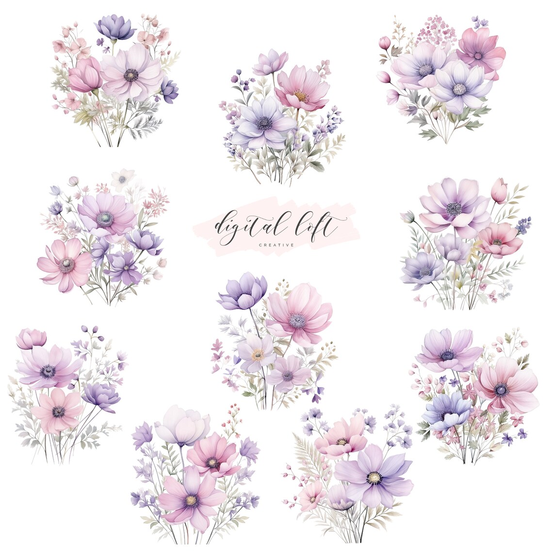 Watercolor Anemone Bouquet Set of 12 Pink and Purple Flower Art Poster