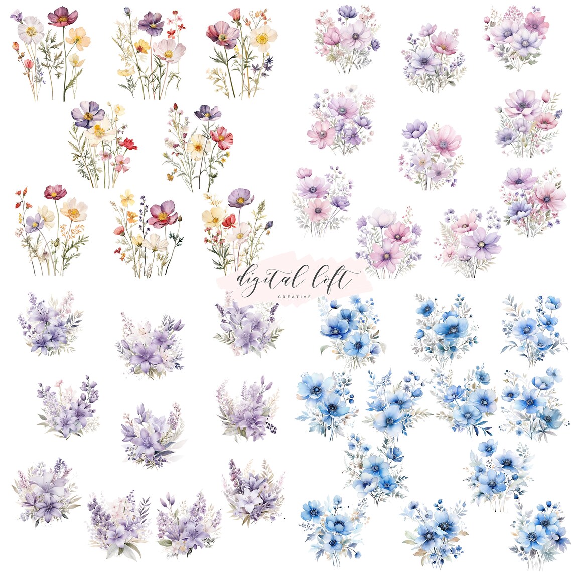 Watercolor Wildflower Bouquet Collection Floral Design Poster