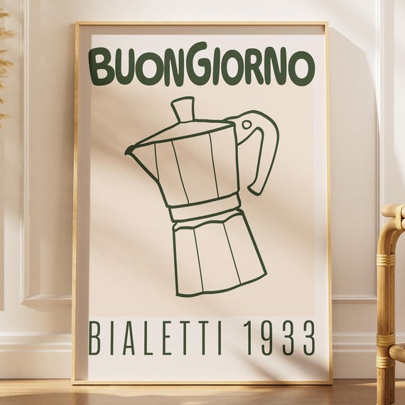 Buongiorno Bialetti Moka Pot Art Instant Coffee Kitchen Decor Gift For Enthusiast Retro Minimalist Poster