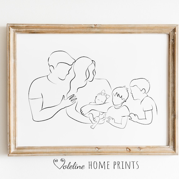 Mom Dad Sons and Baby Line Art Newborn Girl Brothers Minimalist Poster